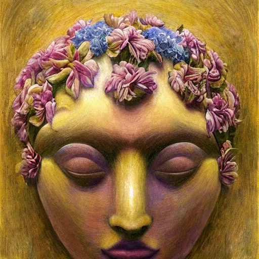 Prompt: masterpiece painting of a facemask made of flowers, by annie swynnerton and jean delville and tino rodriguez and diego rivera, flower mask, symbolist, dramatic lighting, god rays, elaborate geometric ornament, clean crisp graphics, soft cool colors, smooth sharp focus, extremely detailed
