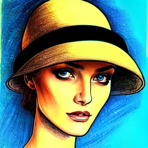 Image similar to drawing portrait of beautiful gorgeous woman with hat by Moebius science fiction