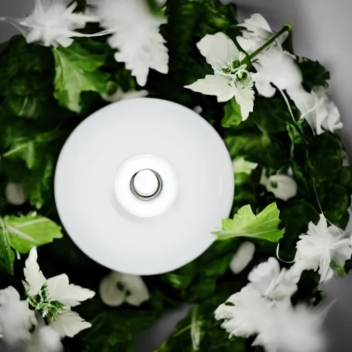 Image similar to centered white perfume bottle lying in a dark bed of leafy - greens and white flowers, illumination lighting, sharp focus, vogue