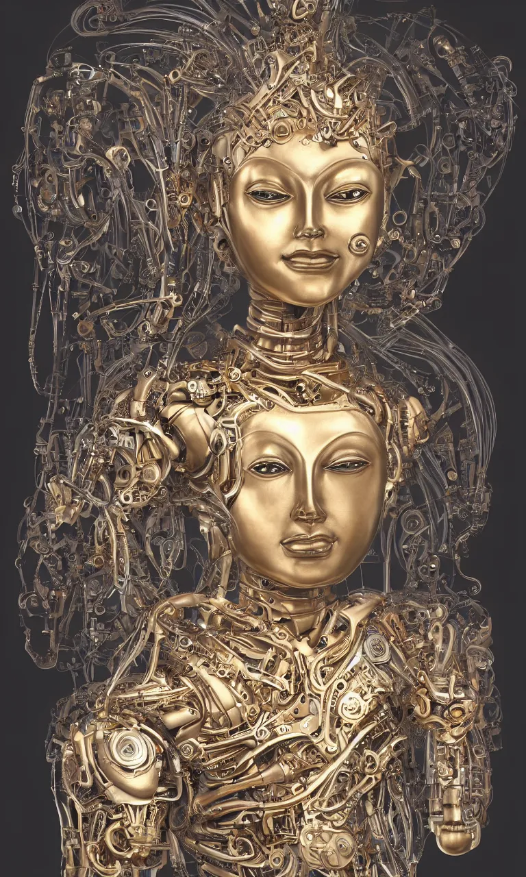 Prompt: perfectly centered portrait, front view of a beautiful biomechanical android alien robot buddha, female, flowing hair, intense stare, sarcastic smile, symmetrical, concept art, intricate detail, volumetric shadows and lighting, realistic oil painting,