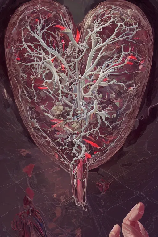 Image similar to anatomical heart, tooth wu, dan mumford, beeple, wlop, rossdraws, james jean, marc simonetti, artstation giuseppe dangelico pino and michael garmash and rob rey and greg manchess and huang guangjian and makoto shinkai