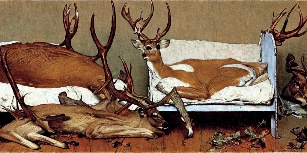 Image similar to deer with antlers sleeping on a cot, norman rockwell