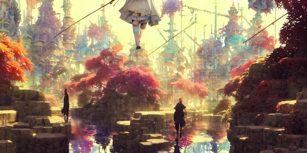 Image similar to anime movie scene, characters walk, waterway, fantasy. intricate, amazing composition, colorful watercolor, reflections, by ruan jia, by maxfield parrish, by koji morimoto, by hikari shimoda, by sparth, by zhang kechun, illustration, gloomy