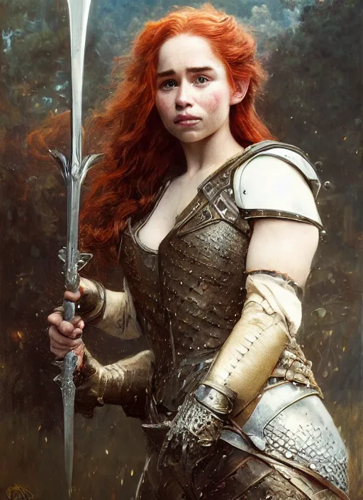 Image similar to short muscular redheaded woman wearing realistic medieval armour, young emilia clarke face paint orchids detailed by gaston bussiere, bayard wu, greg rutkowski, giger, maxim verehin, greg rutkowski, masterpiece, sharp focus, cinematic lightning