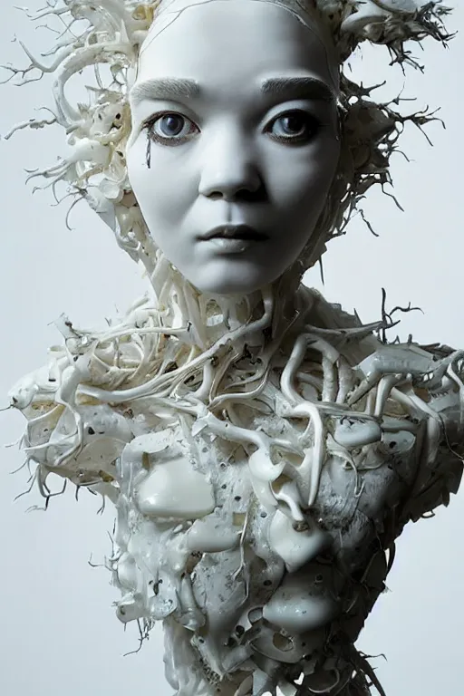 Image similar to full head and shoulders, bjork porcelain sculpture, smooth, delicate facial features, white eyes, white lashes, detailed white, lots of 3 d cyborg elements, prosthetic, anatomical, all white features on a white background, by daniel arsham and james jean