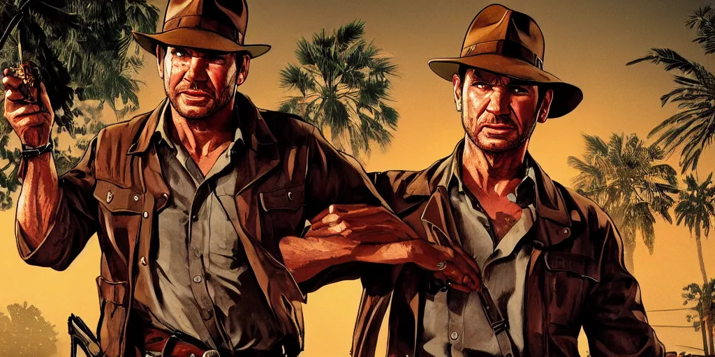 Image similar to indiana jones by himself in gta v, cover art by stephen bliss, boxart, loading screen. 8 k resolution