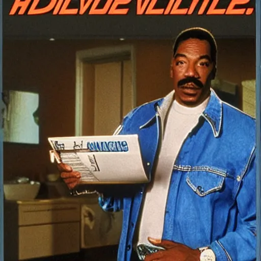 Prompt: a 8 0's movie poster starring eddie murphy as a plumber for rich people. he's in a large bathroom holding a toliet paper. the movie is titled beverly hills crap