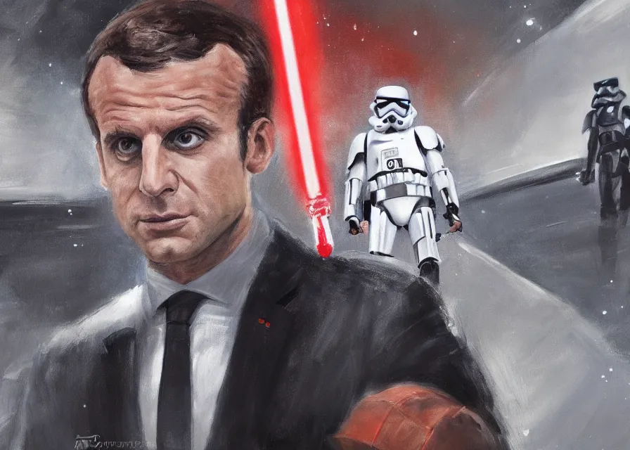 Image similar to painting of Emmanuel Macron dressed as in Star Wars,(((( inside the galactic senate)))), sharp focus, full body, trending on ArtStation, masterpiece, by Greg Rutkowski, by Ross Tran, by Fenghua Zhong, octane, clear eyes, soft render, clear facial features, oil on canvas, moody lighting, cinematic, professional environment concept art