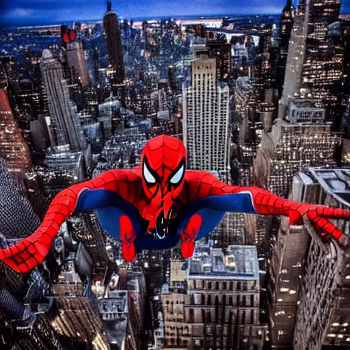 Prompt: Spider-Man swinging in New York City, mid-air, night, lots of lights, cars on the street, skyscrapers, buildings, comic style,