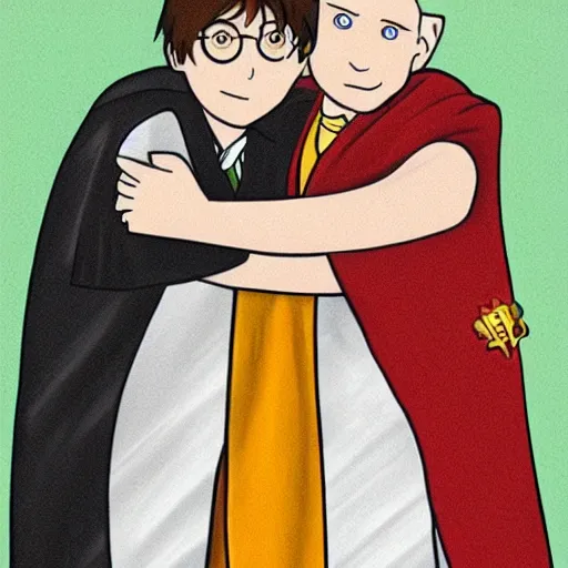 Image similar to harry potter hugging voldemort, pride flag in background, full picture, art by normal rockwell