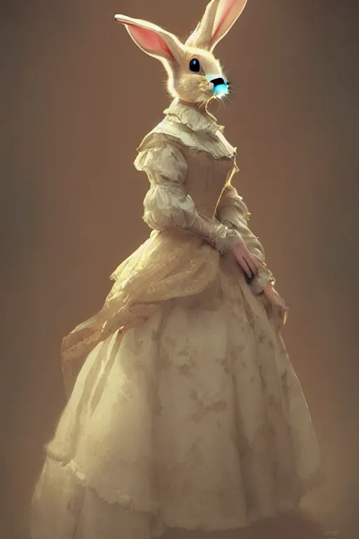 Prompt: portrait of an anthropomorphic rabbit in a victorian - era ballgown, dramatic lighting, highly detailed, digital painting, artstation, concept art, smooth, sharp focus, illustration, art by wlop, mars ravelo and greg rutkowski