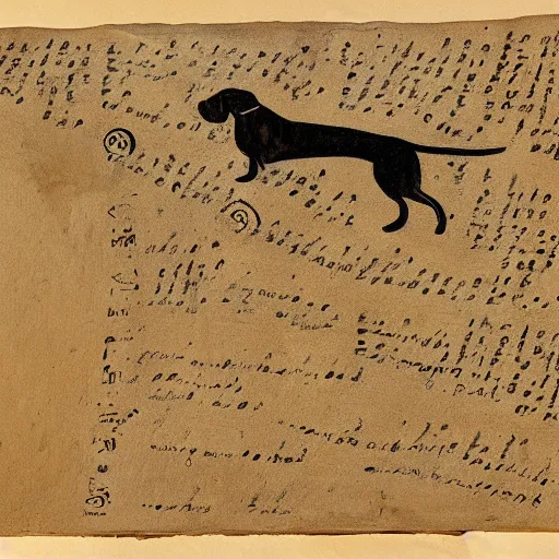 Image similar to fragment of dead sea scrolls with hebrew writing and drawing of a dachshund