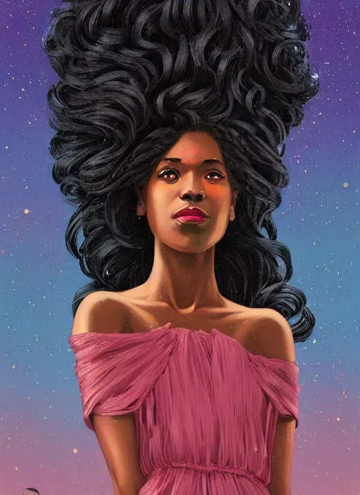 Image similar to full - length portrait of a young black woman with long flowing hair, wearing a flowing sundress, standing in front of a starry galaxy, detailed face, fantasy, cinematic lighting, digital art painting, fine details by realistic shaded lighting poster by ilya kuvshinov katsuhiro otomo, magali villeneuve, artgerm, jeremy lipkin and michael garmash and rob rey