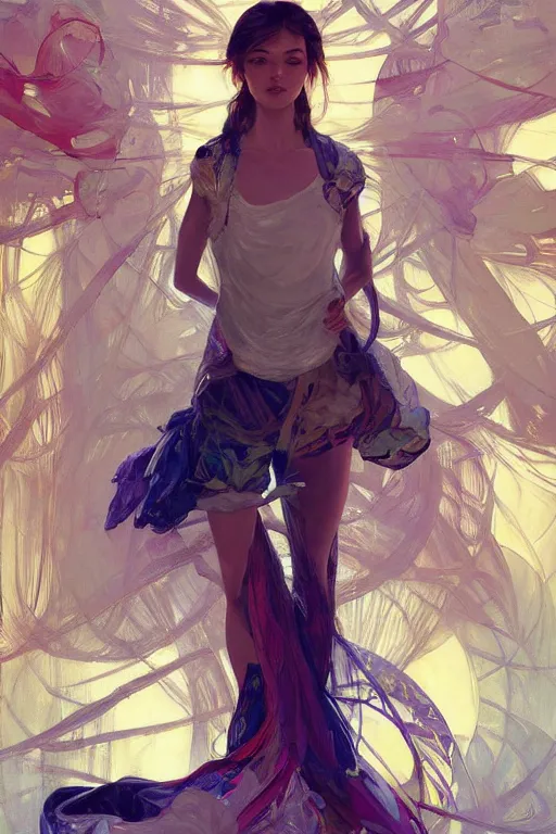 Prompt: an hyper intricate oil painting of gen z model wearing a fashion outfit wearing a clean t - shirt, full body ultra fashion model pose by vogue, excellent composition, by yoshitaka amano, by greg rutkowski, by alphonse mucha, by rhads, by ross tran, trending on artstation