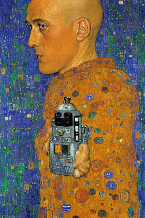 Prompt: robot monk painting a self - portrait on a canvas. intricate, highly detailed, photorealistic, film still, by gustav klimt.