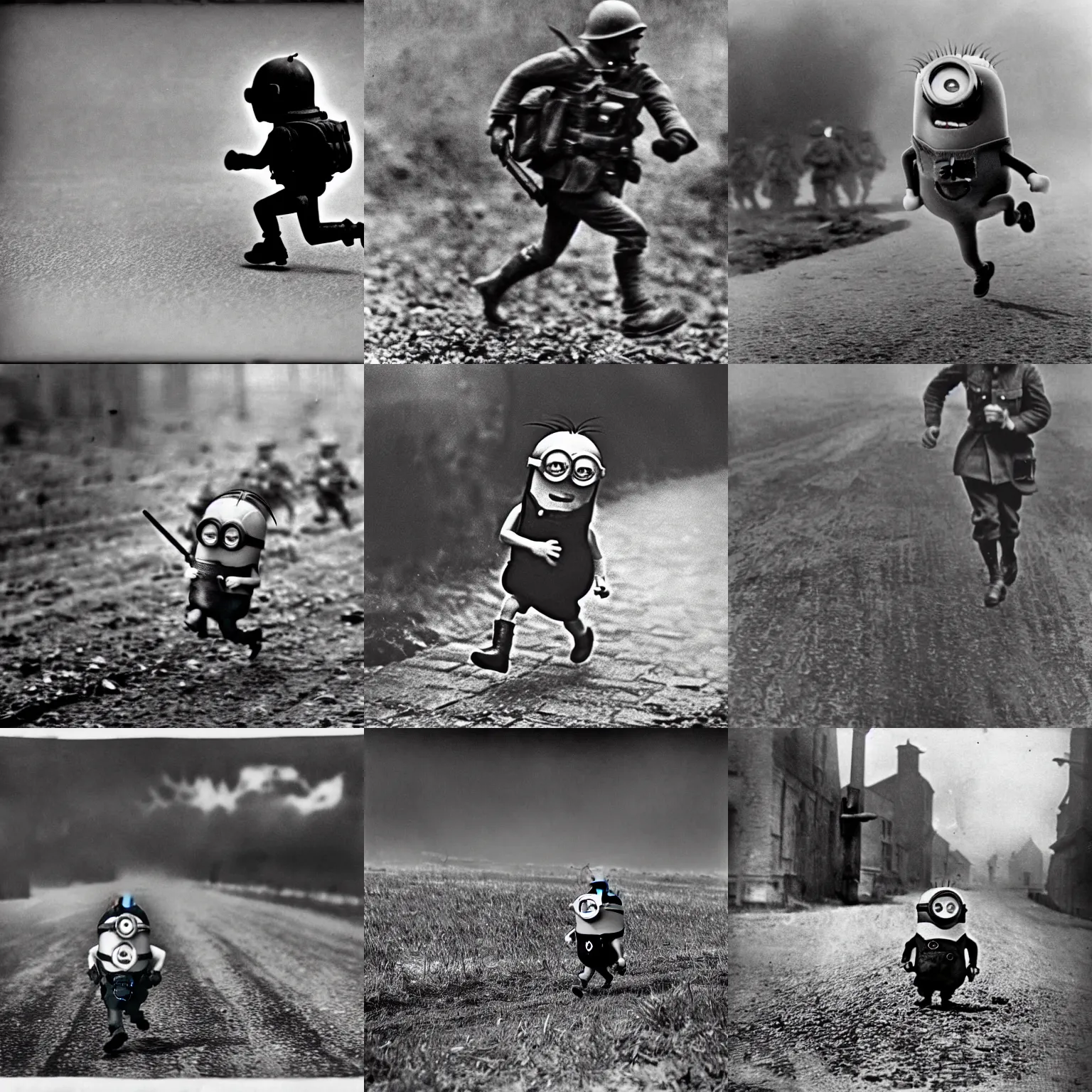 Prompt: a minion alone, running away, world war 1, black and white photography