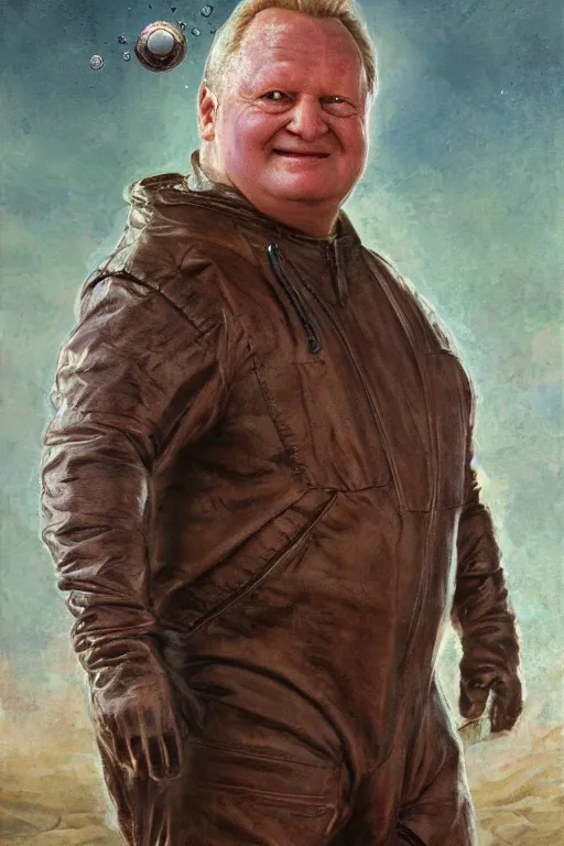 Image similar to upper body portrait of stellan skarsgård as baron harkonnen with oil running down his face wearing old leather spacesuit, detailed, sunshine, nebula space background, illustration by norman rockwell, artstation character art, john william waterhouse, concept art, greg rutkowski