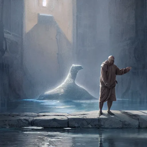 Image similar to anthropomorphic hippopotamus humanoid monk by greg rutkowski, water temple, winter, fantasy