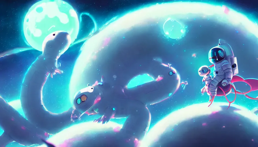 Image similar to a still of a cute kawaii astronaut android riding a large neon kaiju dragon, a detailed and dynamic outer space bsckground, a dramatic composition by wlop and greg rutkowski and makoto shinkai and studio ghibli and kyoto animation cute bubbly clothing, highly detailed, digital painting, matte