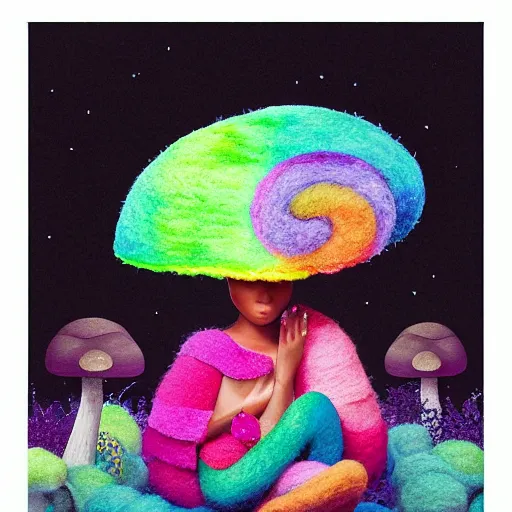 Image similar to a black girl with a colorful afro and big beautiful eyes meditating in a rainbow magic mushroom zen garden, bokeh!!, bright colors, synthwave, watercolor, volumetric wool felting, felt, macro photography, children illustration, by goro fujita