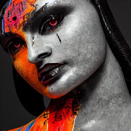 Image similar to close up portrait of extremely beautiful female black marble statue in the style of virgil abloh, colorful motocross logos behind her, sharp focus, clear, detailed,, cinematic, detailed, off white, glamourous, symmetrical, vogue, editorial, fashion, magazine shoot, glossy