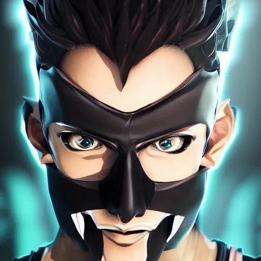 Image similar to detailed guy with mask made in persona style highly detailed, fragile looking character, portrait face high quality, 8k, smooth, art, art, detailed face, sharp focus, beautiful scene, neon,