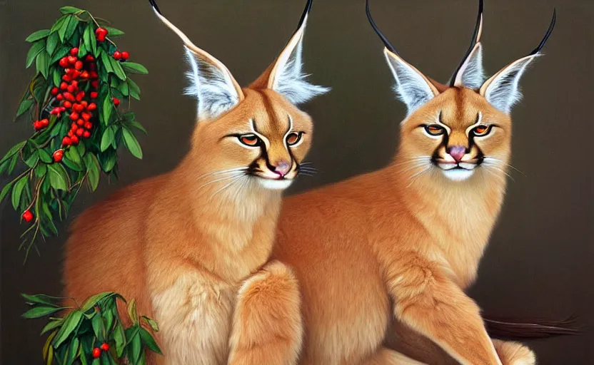 Image similar to fullbody portrait of cute fluffy caracal with laurel wreath on his head, chaplet on head, illustration, high detail, francine van hove