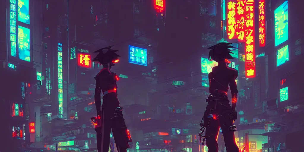 Image similar to digital illustration closeup of cyberpunk samurai in city street at night by makoto shinkai, ilya kuvshinov, lois van baarle, rossdraws, basquiat | afrofuturism, in the style of hearthstone, trending on artstation | cool color scheme