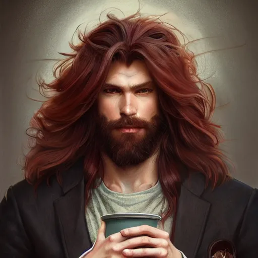 Image similar to portrait of a manly wolf, male, handsome, masculine, full body, red hair, long hair, soft hair, fantasy, intricate, elegant, highly detailed, suit, coffee shop, digital painting, artstation, concept art, character art, smooth, sharp focus, illustration, art by artgerm and greg rutkowski and alphonse mucha