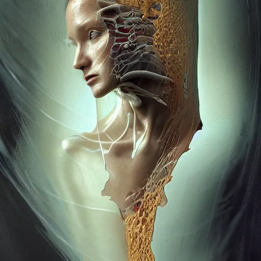 Image similar to Subsequent layers peeling back to reveal a woman's cybernetic skin, digital art extreme detail, octane render, 8k, by Dave McKean and artgerm and Ilya Repin