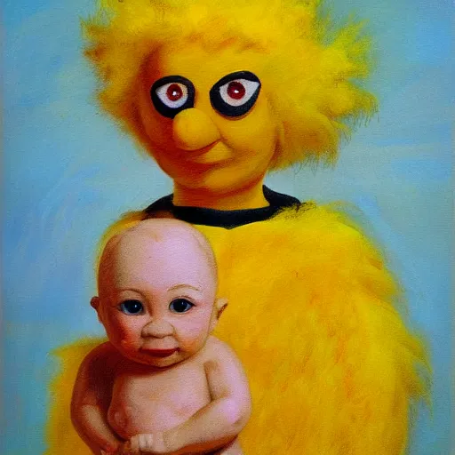 Image similar to impasto painting of a glowing kewpie doll that looks like Big Bird, painted in the style of Watteau with sad minion eyes