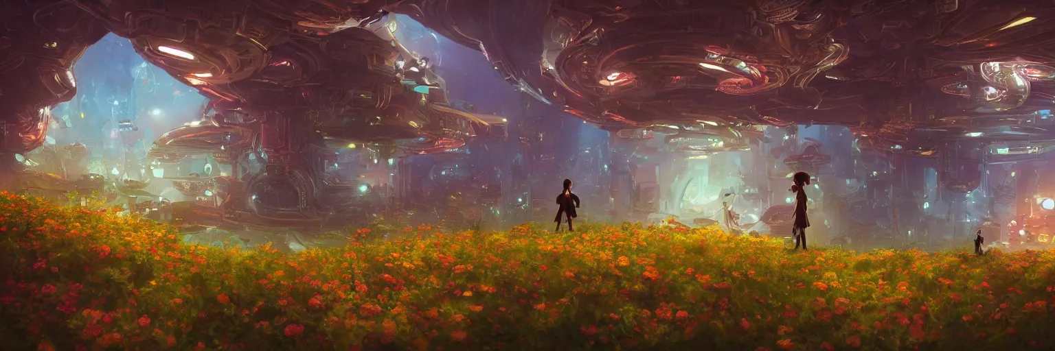 Image similar to beautiful low angle painting of an alien world with sleek architecture, steampunk, ground made of multicolour flowers, neon lights, a tiny girl watching on, in the style of shaun tan, elegant, highly detailed, digital painting, artstation, cinematic lighting, glowing light and shadows, trending on artstation, octane render