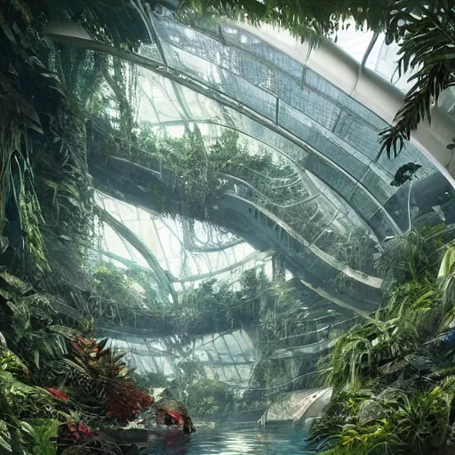 Image similar to stunning indoor jungle by greg rutkowski inside epic high technology biodome designed by zaha hadid, ultra detailed, highest quality, trending on artstation, 8 k