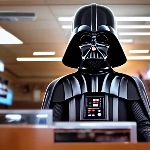 Image similar to darth vador working at dunkin donuts , 8k cinematic lighting, very sharp detail, anatomically correct