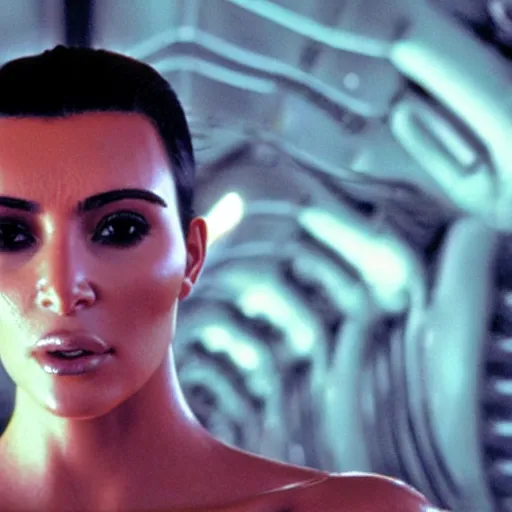 Image similar to film still of kim kardashian in the movie Alien, alien spider mounted to her face as she tries to resist, spider webbed body, scary cinematic wide shot, full body pov, 4k.