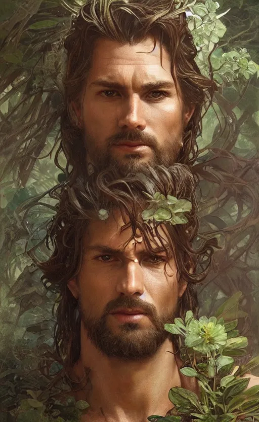 Image similar to god of the forest, 3 0 years old, rugged handsome, male, gorgeous, detailed face, clean lines, cinematic light, amazing, full body, flowers, muscular, intricate, highly detailed, digital painting, artstation, concept art, sharp focus, illustration, art by greg rutkowski and alphonse mucha