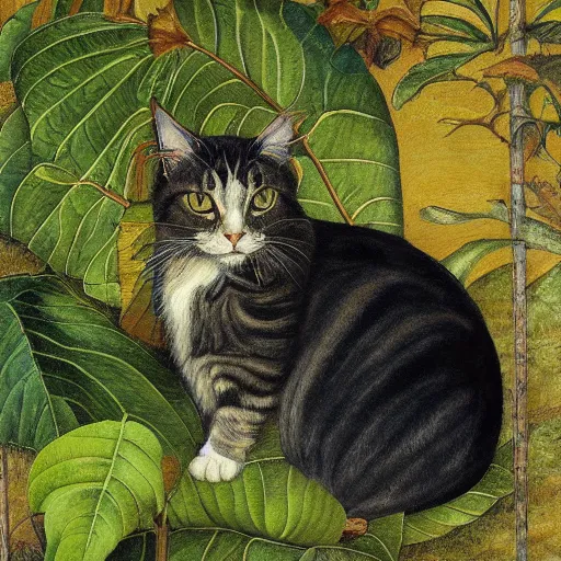 Image similar to a reneissance painting of a maincoon cat among big green leaves, very detailed, in the style of mantegna