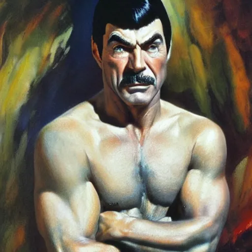 Prompt: ultra realistic portrait painting of tom selleck as spock, art by frank frazetta, 4 k, ultra realistic, highly detailed, epic lighting