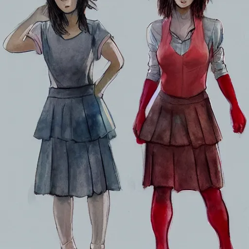 Image similar to a perfect, realistic professional digital sketch for a movie, two Japanese schoolgirls posing, in style of Marvel, full length, by pen and watercolor, by a professional American senior artist on ArtStation, a high-quality hollywood-style sketch, on high-quality paper