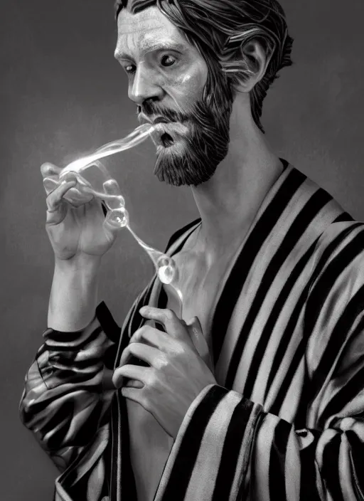 Image similar to an anthropomorphic beautiful male wizard portrait blowing bubbles wearing black and white stripes robe, fine art, award winning, intricate, elegant, sharp focus, octane render, hyperrealistic, cinematic lighting, highly detailed, digital painting, 8 k concept art, art by jamie hewlett and z. w. gu, masterpiece, trending on artstation, 8 k