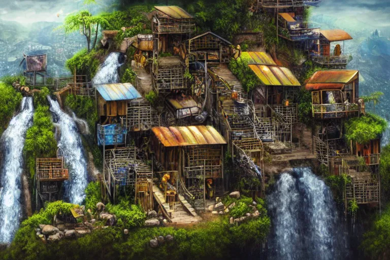 Image similar to mission waterfall favela honeybee hive, subconscious environment, industrial factory, award winning art, epic dreamlike fantasy landscape, ultra realistic,