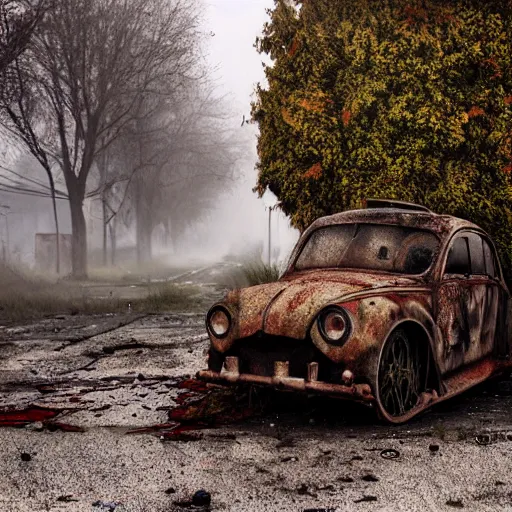 Prompt: apocalyptic, ruined town, abandoned streets, littered, decrepit homes and sheds on the side of the road, slowly being reclaimed by nature. rusted tesla car. fog, dew, rain, volumetric lighting, beautiful, summer morning dew, sharp focus, ultra detailed, cgsociety - w 1 0 2 4 - n 8 - i