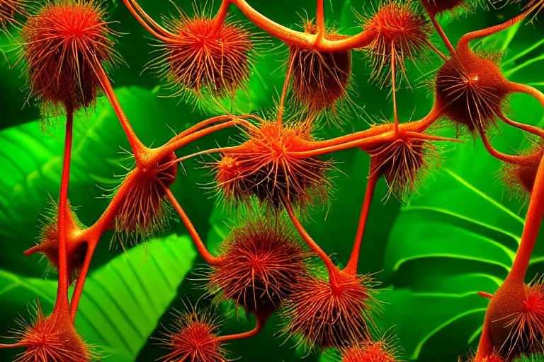 Image similar to jungle of the rambutan, art by ron miller and matthew stawicki and jurgen ziewe, trending on artstation, halfrear lighting microscopic view telephoto lens, cgsociety, final, long exposure, socialist realism