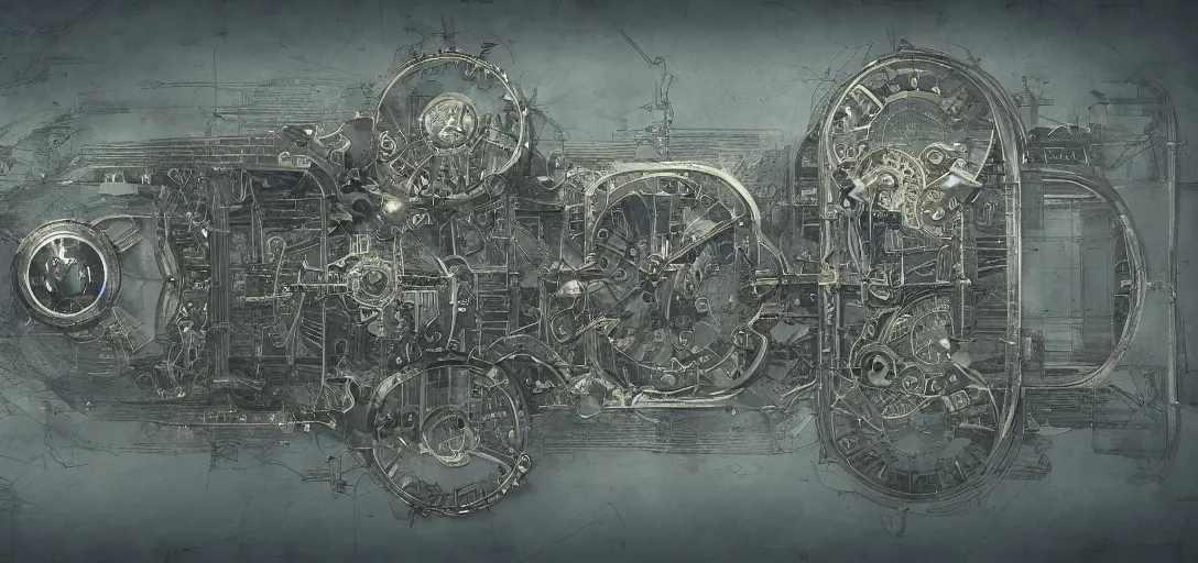 Image similar to symmetrical steampunk blueprint of a Perpetuum mobile, marginalia, symmetry, intricate Details, raphael lacoste, eddie mendoza, alex ross, concept art, matte painting, highly detailed, rule of thirds, dynamic lighting, cinematic, detailed, denoised, centerd, clean render