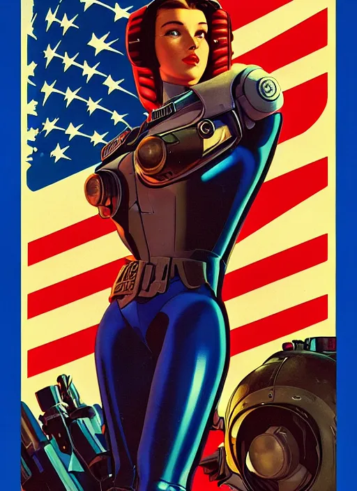 Image similar to american propaganda poster. cyberpunk pilot. portrait by jean giraud and anton otto fischer and john philip falter and will eisner and gil elvgren and pixar. full body. realistic proportions. science fiction d & d. overwatch, rb 6 s, cyberpunk 2 0 7 7, blade runner 2 0 4 9. cel shading. thick lines.