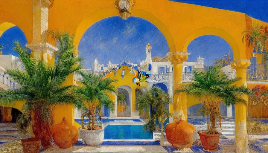 Image similar to a 1 9 9 8 southern spain palace!!! costa blanca, designed by cheval michael, bispo do rosario, arnold bocklin, tarsila do amaral and gustave baumann, jules bastien - lepage, warm, mediterranean, star, sharp focus, colorful refracted sparkles and lines, soft light, 8 k 4 k