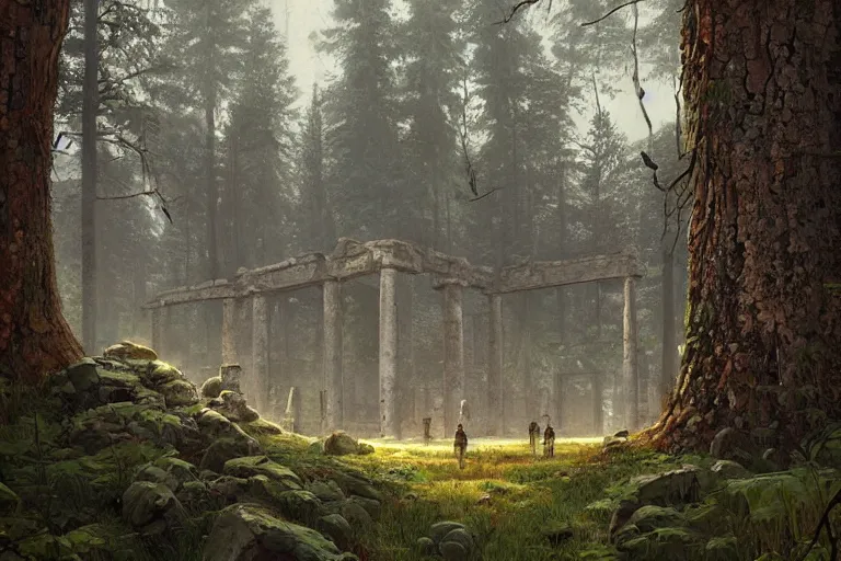 Image similar to beautiful ancient ruins in a swedish forest view, highly detailed, very realistic, intricate, soft lighting, very wide shot, digital painting by simon stålenhag