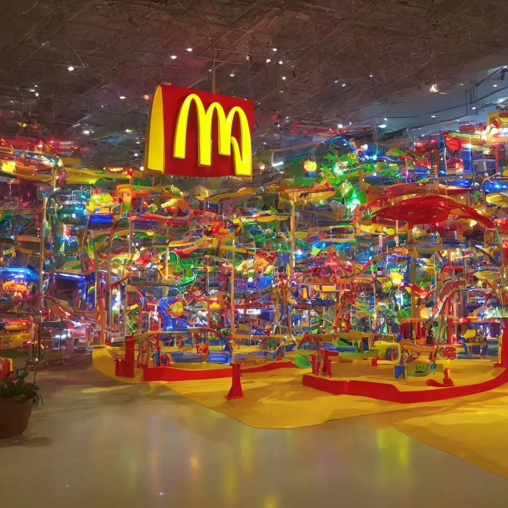 Prompt: a giant mcdonald's play place at night with the lights off after hours