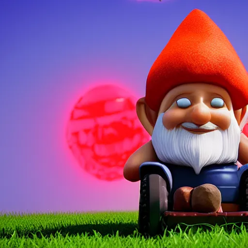 Image similar to gnome wearing red hat sitting on fancy riding lawn mower in backyard afternoon 2019 Pixar render SSAO ray marching black and orange lawn mower designed by Ikuo Maeada