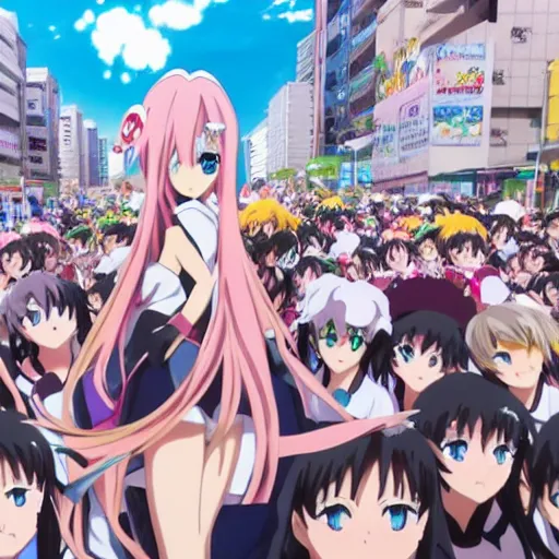 Prompt: Key Anime Visual a 50 foot tall macro anime girl surrrounded by a massive miniature crowd, official modern anime
